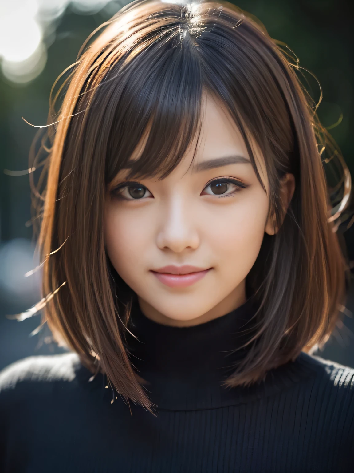 masterpiece, best quality, ultra-detailed, intricately detailed hyperdetailed, realistic, sharp features, highly detailed, sharp focus, Japanese idol, perfect face, perfect symmetrically perfect eyes, perfect full lips, flexible female form, cinematic, film light, hyper detailed, hyper realistic, high resolution, vibrant, dynamic studio lighting, Dark background, medium hair, straight Bangs, brown Eyes, Black sweater, Portraiture, (Mischievous smile),
