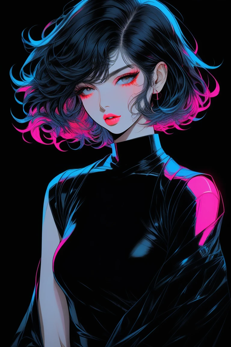 (Better Quality, overview:1.2),Realist,Illustrator,anime,1 girl, Detailed lips, Black Dress,custom, (Monochrome dark background),Neon Hair,Texture Cut, obra de Until then, Classic retro style, Black Dark, Until then, overview book, (Black bob hair:1.75 Neon:1.32), bad woman , Dark monochrome background 