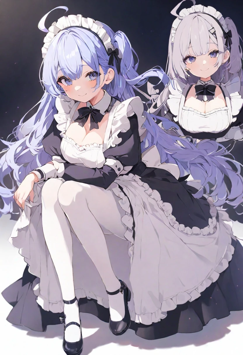 (muste piece), (best quality), very detailed eyes, expressive eyes, perfect face, very detailed face, highly detailed face, beautiful girl, 8K, beautiful girl, white background, delicate and beautiful face and eyes, dark intense shadow, 1 girl, vtuber style, cool girl, hololive, SakuraMiko, long hair, ahoge, one side up, maid uniform, big chest, smile, white pantyhose, maid shoes, (full body), standing, 