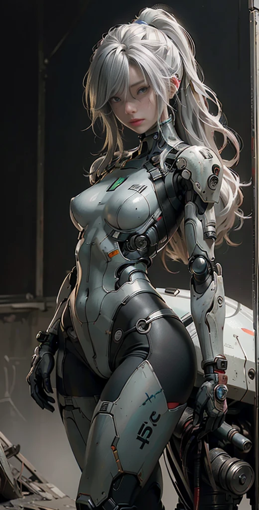 ((masterpiece, highest quality, Highest image quality, High resolution, photorealistic, Raw photo, 8K)), Abandoned robot soldier on battlefield, broken and immobile, rust and moss showing passage of time, female cyborg body, female body, biomechanical , extra detailed body, blowjob white mech, white biomechanical details, detailed body, shiny white armor, cybernetic body, eva unit-00 on back, full body details,