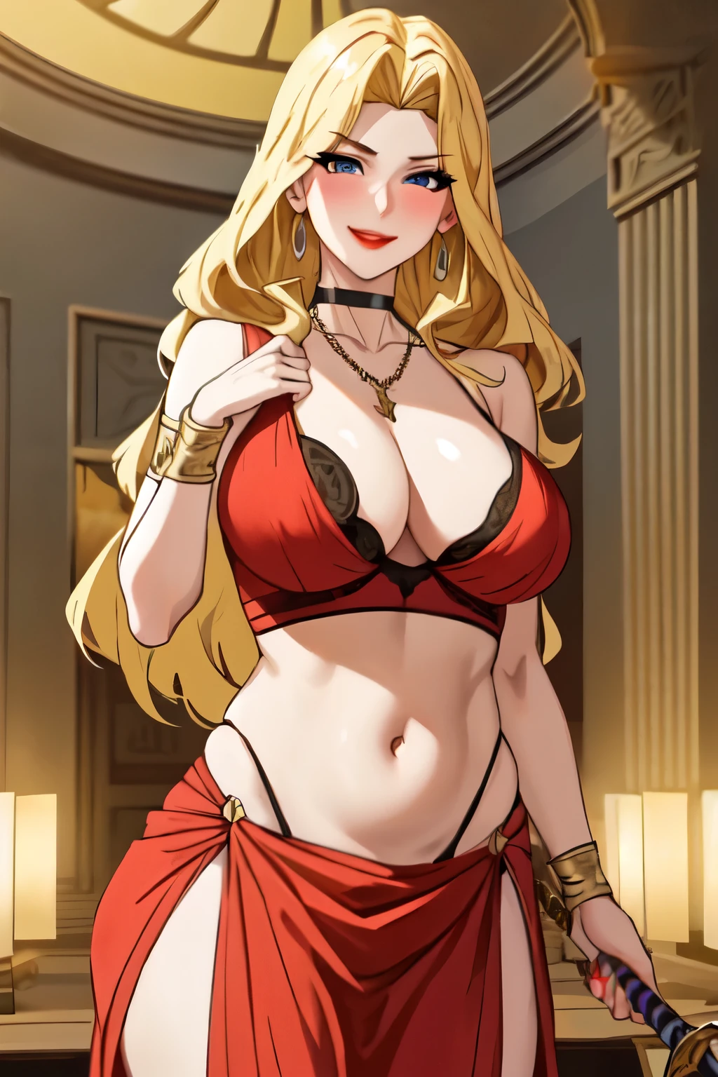 Dress_AliceNonoyama_ownwaifu,
1girl, blonde hair, long hair, blue eyes, lips, mature female, eyelashes, earrings, jewelry, red lips, nail polish, lipstick, makeup, large breasts, breasts,
blush, lipstick,masterpiece, best quality, highly detailed ,glint,halterneck,gold_choker, complex detailed background, inside, stone wall, ancient interior, ancient egyptian room, hieroglyphs, dark lighting, dark atmosphere, (cowboy shot), holding a sword, sword, belly_chain,harem_outfit,navel, necklace, pelvic_curtain,revealing_clothes, veil，masterpiece,best quality,1girl,mature,evil smile, smile, female,mature,necklace,pendant, (nsfw) not safe for work, exposed belly, exposed navel, exposed midriff, exposed lower belly,