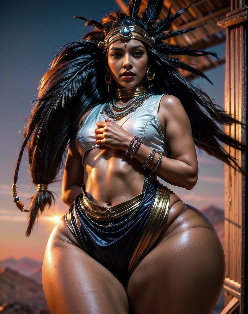 Beautiful Cherokee Indian woman with beautiful terracotta colored headdresses, blackw, doradas, cobre, Pearl, white and beige, feathers made of bright neon of various colors, flares on camera, bokeh, full moon night