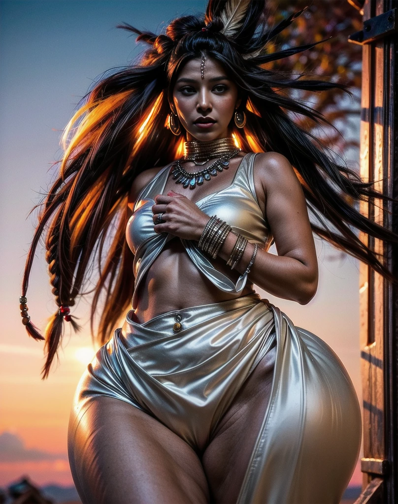 Beautiful Cherokee Indian woman with beautiful terracotta colored headdresses, blackw, doradas, cobre, Pearl, white and beige, feathers made of bright neon of various colors, flares on camera, bokeh, full moon night
