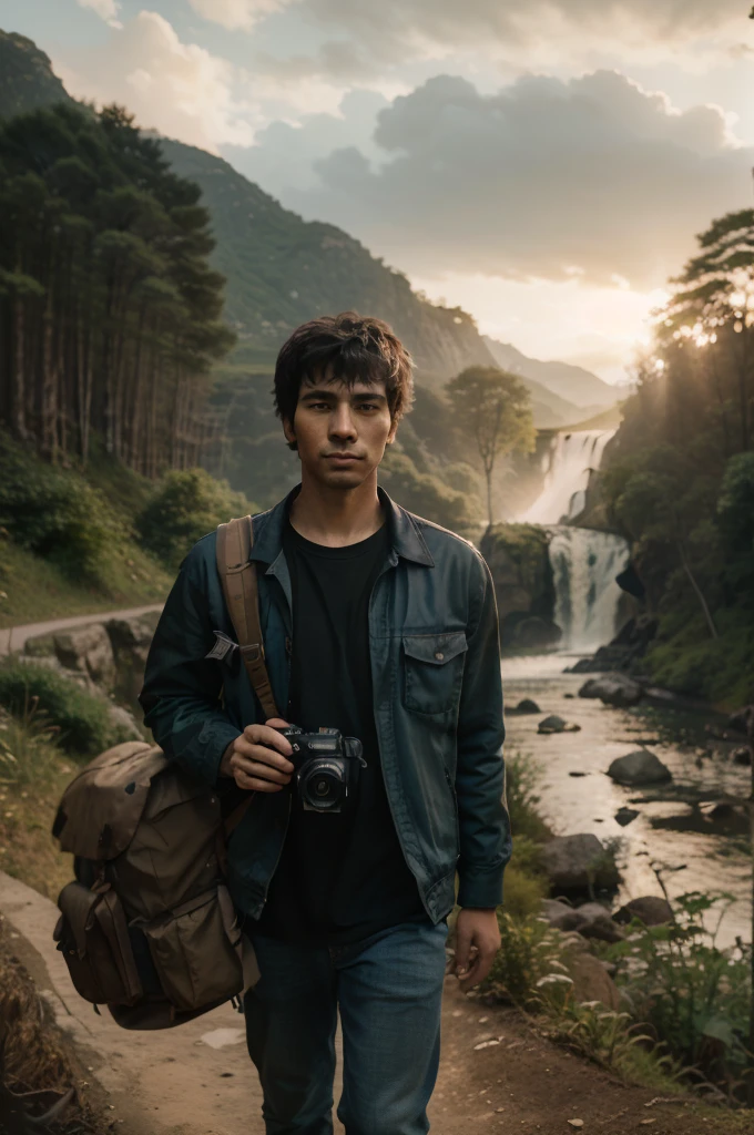 arafed man walking down a path with a camera and a backpack, high quality portrait, matte painting portrait shot, standing near a waterfall, amidst nature, perfect portrait composition, adventure hyper realistic render, travel and adventure, environmental portrait, artwork in the style of guweiz, portrait of an adventurer, photography portrait 4 k, realistic portrait photo, aesthetic portrait