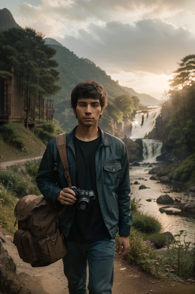 arafed man walking down a path with a camera and a backpack, high quality portrait, matte painting portrait shot, standing near a waterfall, amidst nature, perfect portrait composition, adventure hyper realistic render, travel and adventure, environmental portrait, artwork in the style of guweiz, portrait of an adventurer, photography portrait 4 k, realistic portrait photo, aesthetic portrait