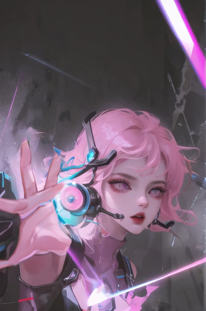 Cyberpunk, Pink Hair, Futurism, Surreal, Ultra wide angle, Wide-angle lens, look up, Dynamic Movement, Expressive, Full of energy, The Sacred Edge, Laser holographic images