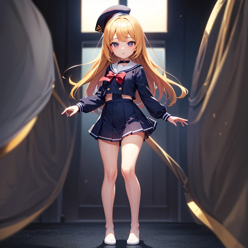 (Sailor suit),(((Navy Mini Skirt))),(((Revealing clothing))),In a naughty way,beret,,Cute little ,Tiny ,Small girl,,Childish face, Very fine clean face,Top quality, Big eyes,Straight Hair,Yellow hair,Crimson Eye,(Dark Room), Subtle light, Natural light,Soft lighting,Light from directly behind, (Are standing), Cute pose, (Open your hands), Showing the whole body,Front view,Black background