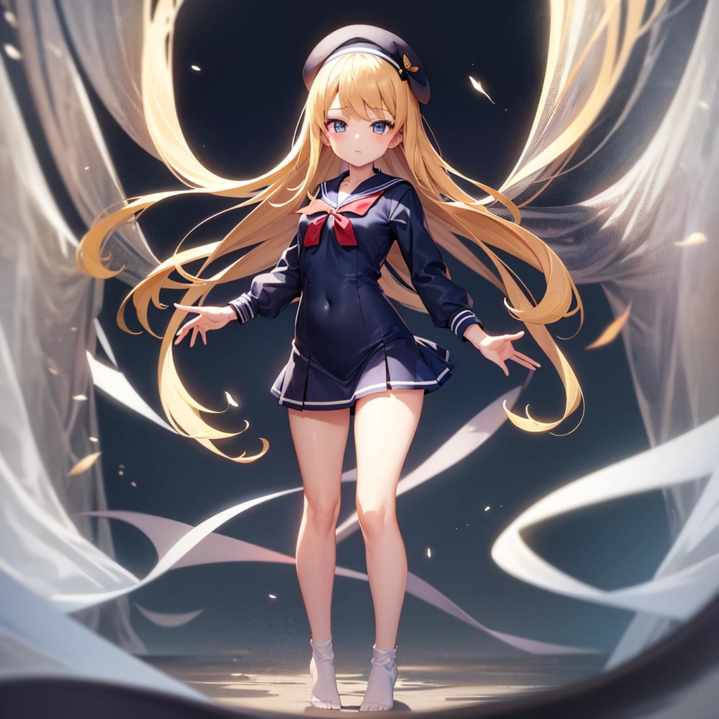 (Sailor suit),(((Navy Mini Skirt))),(((Revealing clothing))),In a naughty way,beret,,Cute little ,Tiny ,Small girl,,Childish face, Very fine clean face,Top quality, Big eyes,Straight Hair,Yellow hair,Crimson Eye,(Dark Room), Subtle light, Natural light,Soft lighting,Light from directly behind, (Are standing), Cute pose, (Open your hands), Showing the whole body,Front view,Black background