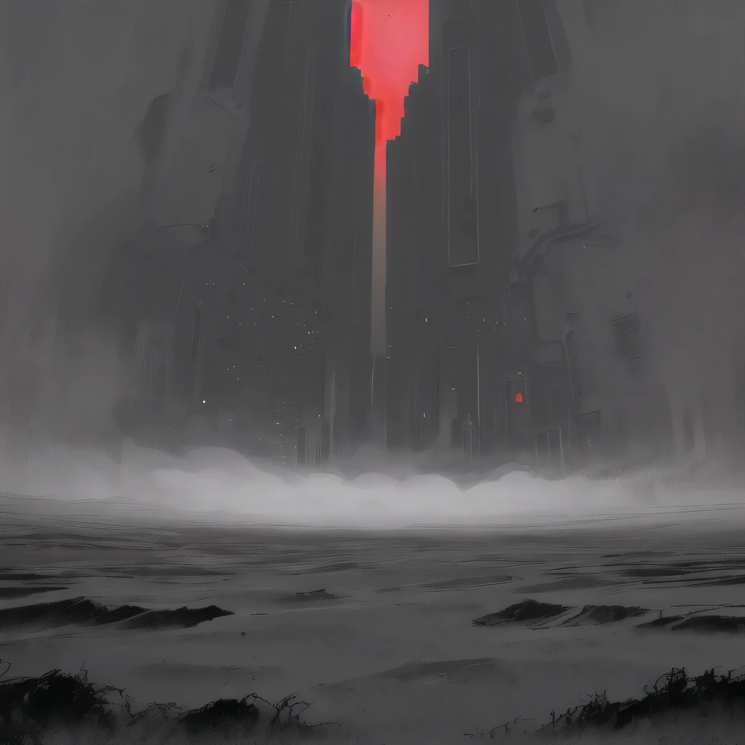 Drawing a mysterious place,Empty red sky, Red lake,Lots of white space, A cloud floats over the desert nuclear wasteland at night, desolate, Weird atmosphere, (Dark and gloomy:1.4), (Lonely:1.Eschatological:1.2).Hyper realistic texture, Empty space, Low Angle of View, Achieved using the fd 2 lens, panoramic