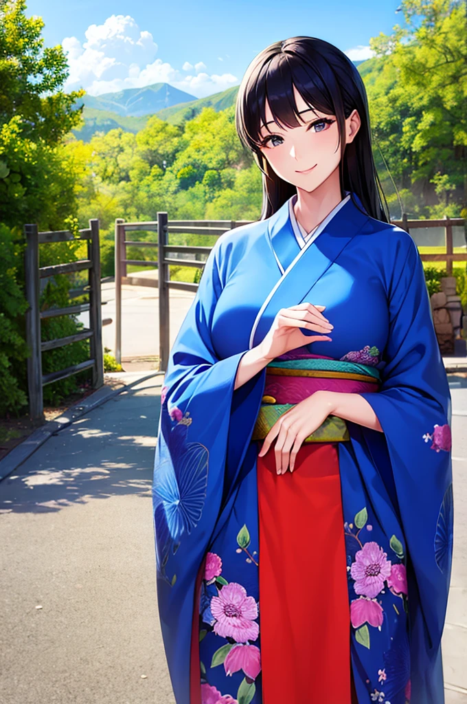 A beautiful smiling woman in a kimono greets people with a cheerful "Good morning" as her arms open under the blue sky