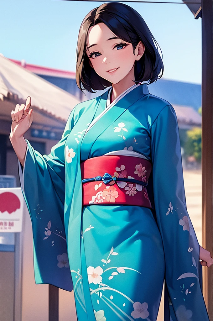 A beautiful smiling woman in a kimono greets people with a cheerful "Good morning" as her arms open under the blue sky