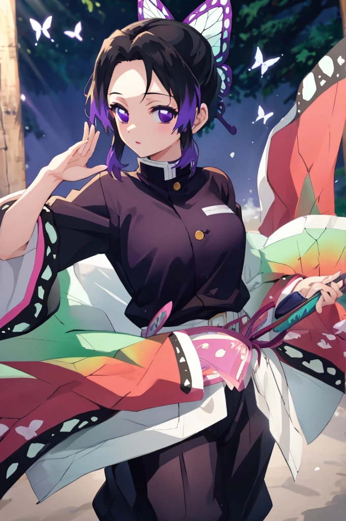 (best quality, masterpiece, ultra highres, ultra-detailed:1.2) ,1girl cosplaying as shinobu kochou from "Demon Slayer: Kimetsu no Yaiba",purple eyes, black hair, medium breasts, cowboy shot,at cosplay stage,