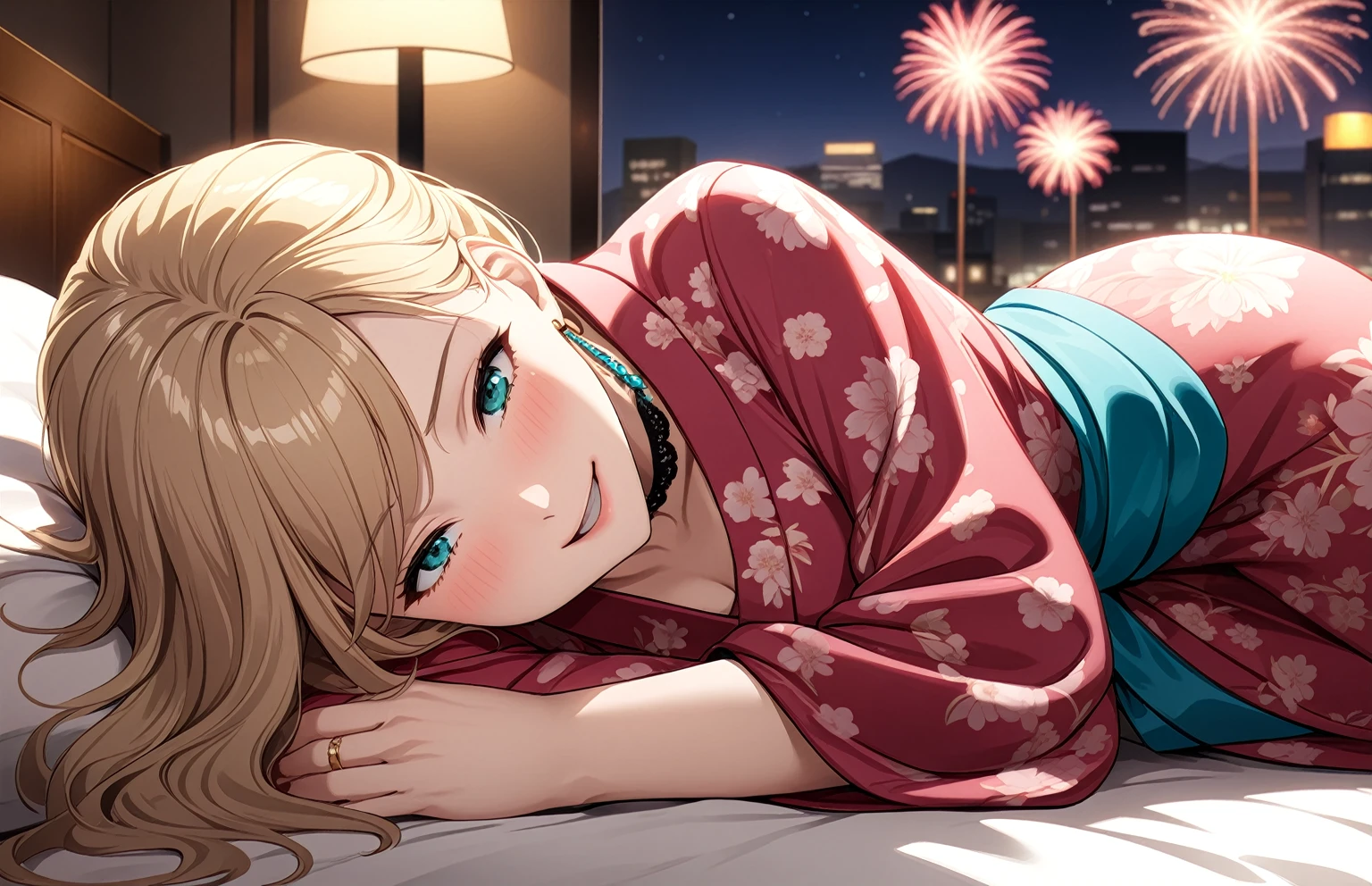 ((One personの女性)), Beautiful Face, (full body), (Laughing embarrassedly), (naughty face:1.2), ((Wink:1.9)), (head tilt:1.3), Laughing with your mouth open, upper teeth, ((full-face blush:1.5)), looking at viewer, Glossy Red Lips, (Shining Face), ((Anime style background)) , Night view and fireworks, On a bed in a luxury hotel, ((Lie face up on the bed:2.0)), masterpiece, Highest quality, so beautiful,up to date, Complex details, (Pink sharp claws),(ring),(bracelet),(choker),AI-generated, Complex,High resolution, Highest quality, super high quality,3D Images、3D Images,One person,Long blonde hair,ponytail, wavy hair ,写真のポーズをとるAnime Women, ((Fine grain、Turquoise Eyes、Shining Eyes:1.3)), (Squint your eyes:1.1),a hyperRealistic , hyperRealistic , Realistic,Anime Women, Smooth anime CG art, A woman in a colorful kimono with gold embroidery, (Pink long sleeve kimono),Red floral pattern,Long flower hair ornament,Earrings,Mature Body,(Big Breasts:1.1),Tall,Abdominal muscles,Tight waist, ((front view)),