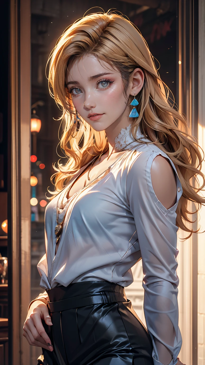 (8K, RAW Photos, Highest quality, masterpiece:1.2), (Realistic, photo-Realistic:1.37)、Earrings, eyelash, pantyhose、セクシーな的なsmile、 (Shiny skin:1.05)、Venus Body、 25-year-old Caucasian female、Hair color is gradient 、Eye color: Blue、semi-long、 hair is wavy、I'm wearing eyeshadow and lipstick、Wearing a hair band、Accessories on the wrist、The navel is visible、Wearing a see-through tie-front shirt、Chest、She's wearing a low-rise mini pleated skirt、I'm in an alley of brick buildings in an old western city、I'm standing with my butt against the wall、smile、looking at the camera