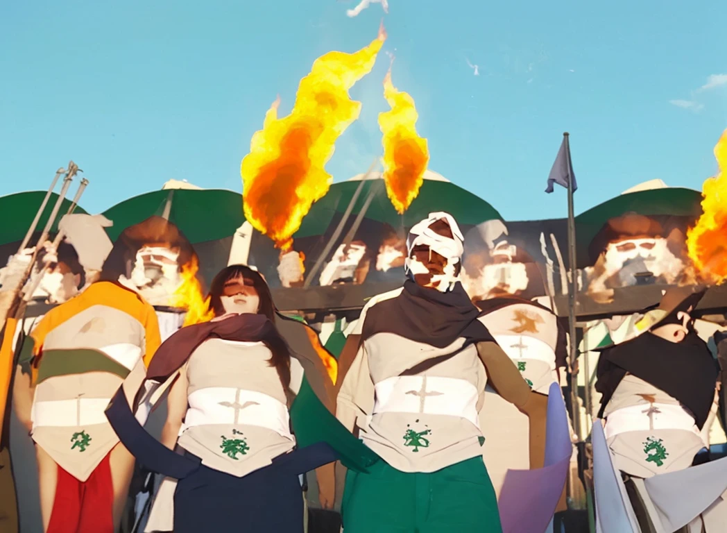 Edit the uploaded picture with burning green and white flags. Exceed the blue sky .
