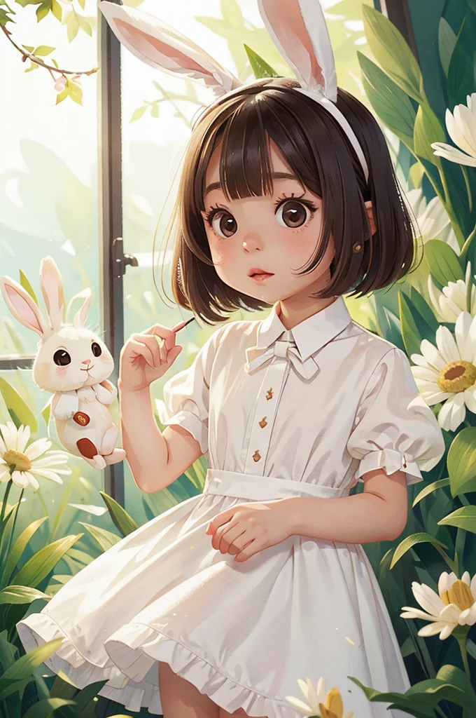 Young girls with long rabbit ears、Little Bunny Girl、White thin silk dress
