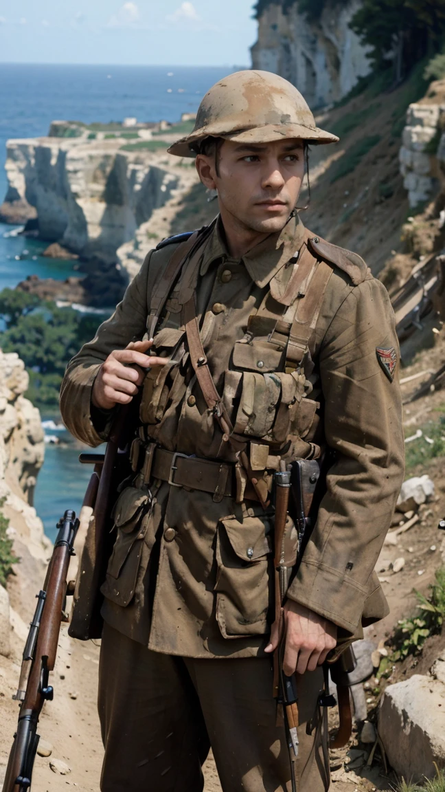 (masterpiece), best quality, expressive eyes, perfect face, cliffs, man, trenches, dirty, uniform, realistic, HD, Rifle, aiming rifle, Gallipoli, hill climb