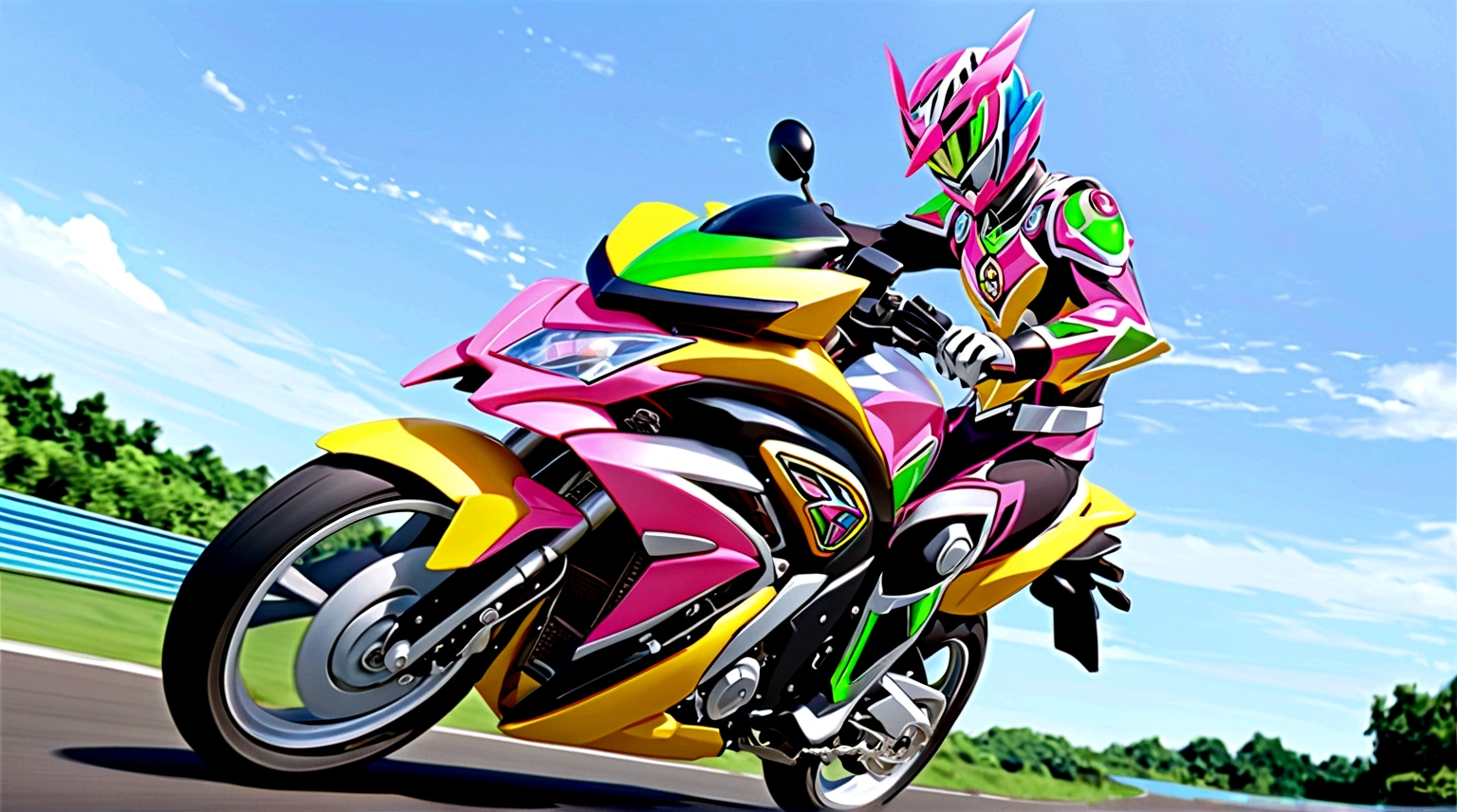 (A pink and green Kamen Rider Ex-aid driving at full speed along a race track:1.3), Yellow and black motorcycle, anime screepcap, (masterpiece:1.1), (best quality:1.1), (high detail:1.1), (vivid colors:1.1)