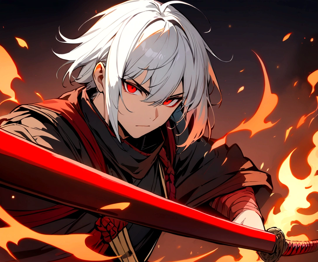 ((best quality)), ((artwork)), (detailded), 1 samurai boy with long white hair and red eyes and fire sword