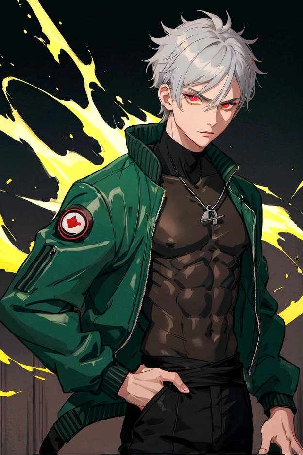 1 boy, bar background simple background, delicate eyes, boy with gray hair and cat ear, red eye, wearing black turtle neck with green bomber jacket, dynamic lighting, dynamic effect, cinematic light, Best quality, highly detailed, masterpiece, ultra detailed, waist up, anime