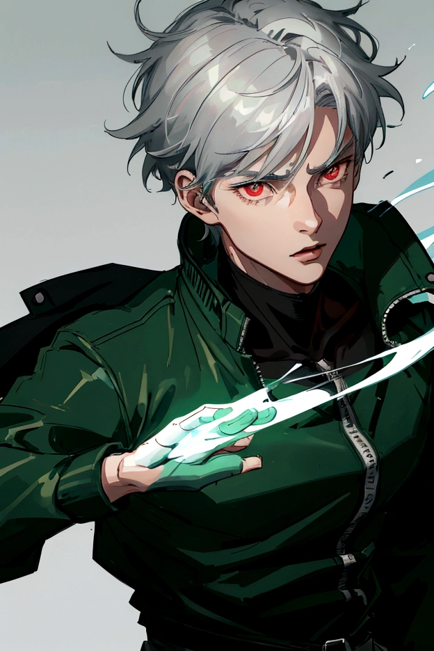 1 boy, bar background simple background, delicate eyes, boy with gray hair and cat ear, red eye, wearing black turtle neck with green bomber jacket, dynamic lighting, dynamic effect, cinematic light, Best quality, highly detailed, masterpiece, ultra detailed, waist up, anime
