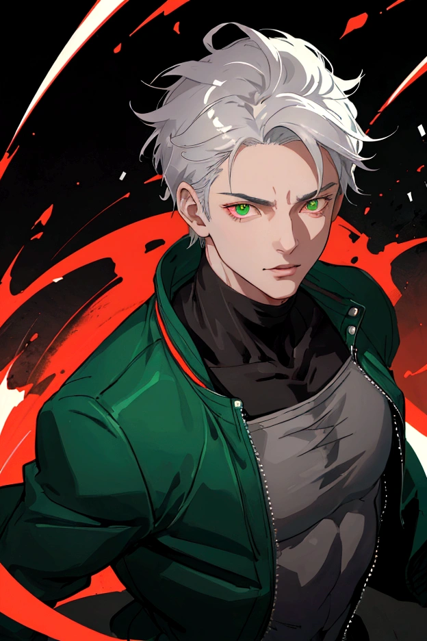1 boy, bar background simple background, delicate eyes, boy with gray hair and cat ear, red eye, wearing black turtle neck with green bomber jacket, dynamic lighting, dynamic effect, cinematic light, Best quality, highly detailed, masterpiece, ultra detailed, waist up, anime