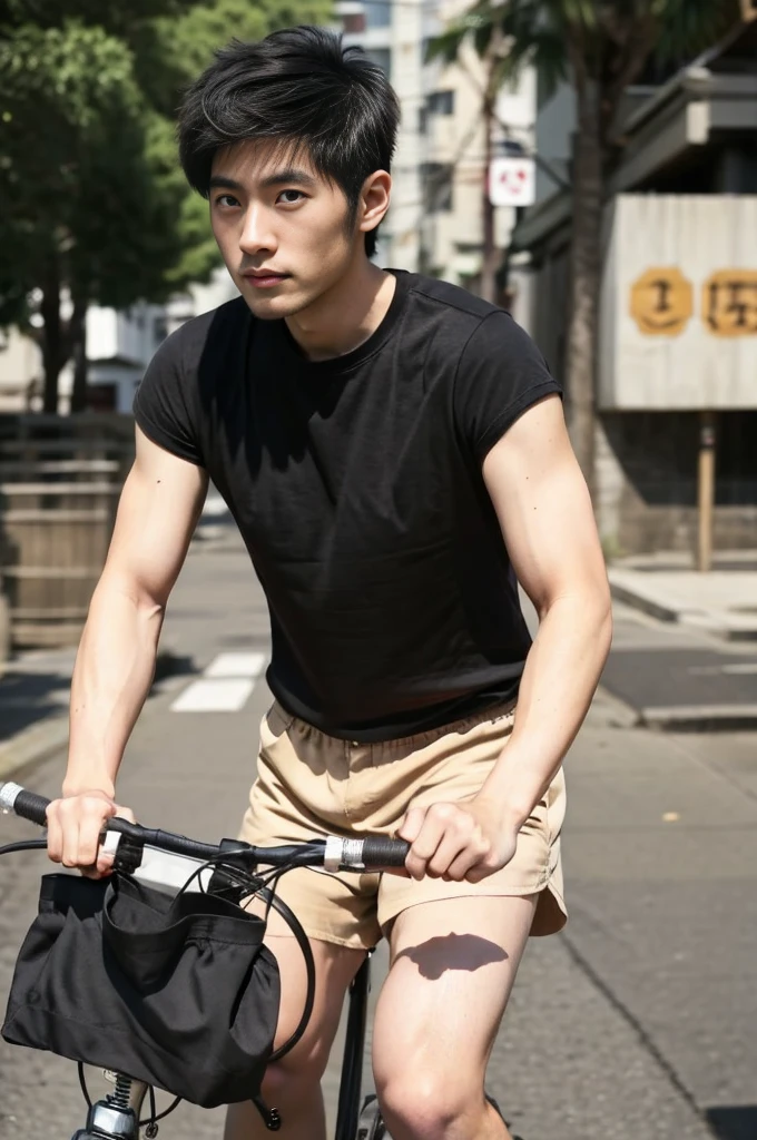 riding a bicycle, whole body, Hairy legs, The legs are muscular and toned., two blocks, Long legs, Japanese man, 27 years old, thin beard, Wear beige shorts, Wear a black T-shirt., very short hair, black hair