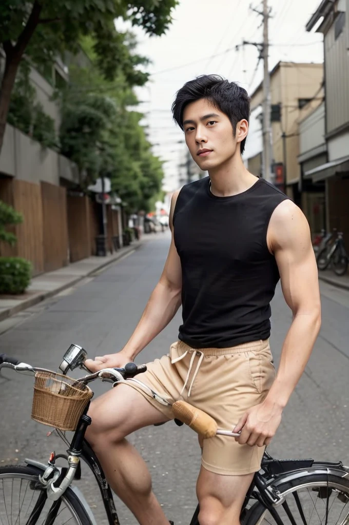 riding a bicycle, whole body, Hairy legs, The legs are muscular and toned., two blocks, Long legs, Japanese man, 27 years old, thin beard, Wear beige shorts, Wear a black T-shirt., very short hair, black hair