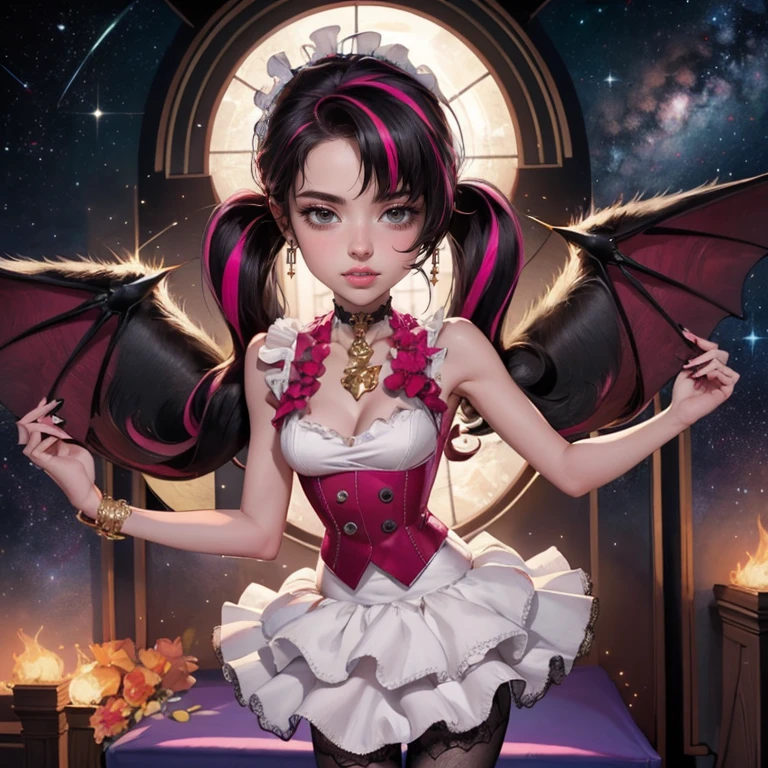 1 girl, a girl with bat wings on her back, perfectly hands, perfectly body, bat choker, necklace, centered, bat jewelry, award winning upper body portrait, cowboy shot, looking at viewer, Draculaura_MH, solo, black half hair, pink half hair, multicolored hair, long hair, pink knee boots, smile, vampire fangs, bat wings, bat jewelry, jewelry, Draculaura_(monster high), Monster High, ornament hair, long hair, 1 girl, Looking at the audience, flowing hair, Beautiful Eyes, Plump and glossy lips, dress with too many frills, black dress, gold laces, black Short skirt, Drape clothes, pink gem, Lace trim, luxury gold details, gold jewelry, more details, best quality, Big sparkling eyes, blushing, Striped Lace Stockings, black ****ta skirt, sparkle, solo, centered girl, cowboy shot, perfectly body, , solo, alone, Looking at the viewer, More details on the clothes, magenta roses on her hair, space scenery, maid, maid dress, magenta details, magenta roses, maid headdress, maid apron, purple hair, long hair, seat on the Saturn rings, bats details on her clothes, more details on her clothes, gold details on her clothes, space, smiling, standing her hand to a viewer, looking at the viewer, in the background a several asteroids glowing with fiery auras, Dramatic lighting from distant stars and planets illuminates the scene, looking at the vast and mysterious universe, perfectly hands, two arms, two legs, two hands, five fingers, perfect anatomy, glowing hair, pink roses, 1girl, dress, solo, flowing hair, floating hair, ornament hair, perfectly body, perfectly hands, on the stage, sparkles, ((4k, masterpiece, top-quality)), 8k, best quality, high resolution, UHD, (illustration:0.8), super cute girl, delicate and beautiful face, mature girl, super cute hairstyle, (beautiful detailed eyes:1.6), extremely detailed face, perfect lighting, extremely detailed CG, (perfect hands, perfect anatomy), Best quality, cleavage, small skirt, full Body, two arms, two legs, two hands, five fingers