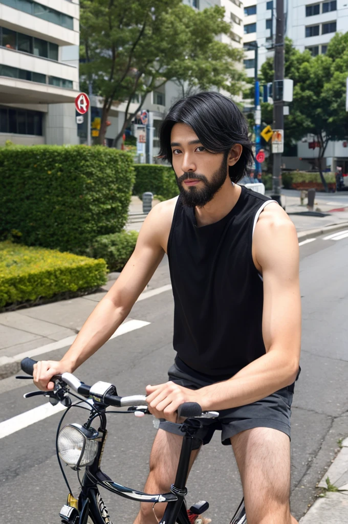 riding a bicycle, whole body, Hairy legs, The legs are muscular and toned., two blocks, Long legs, Japanese man, 27 years old, thin beard, Wear beige shorts, Wear a black T-shirt., very short hair, black hair
