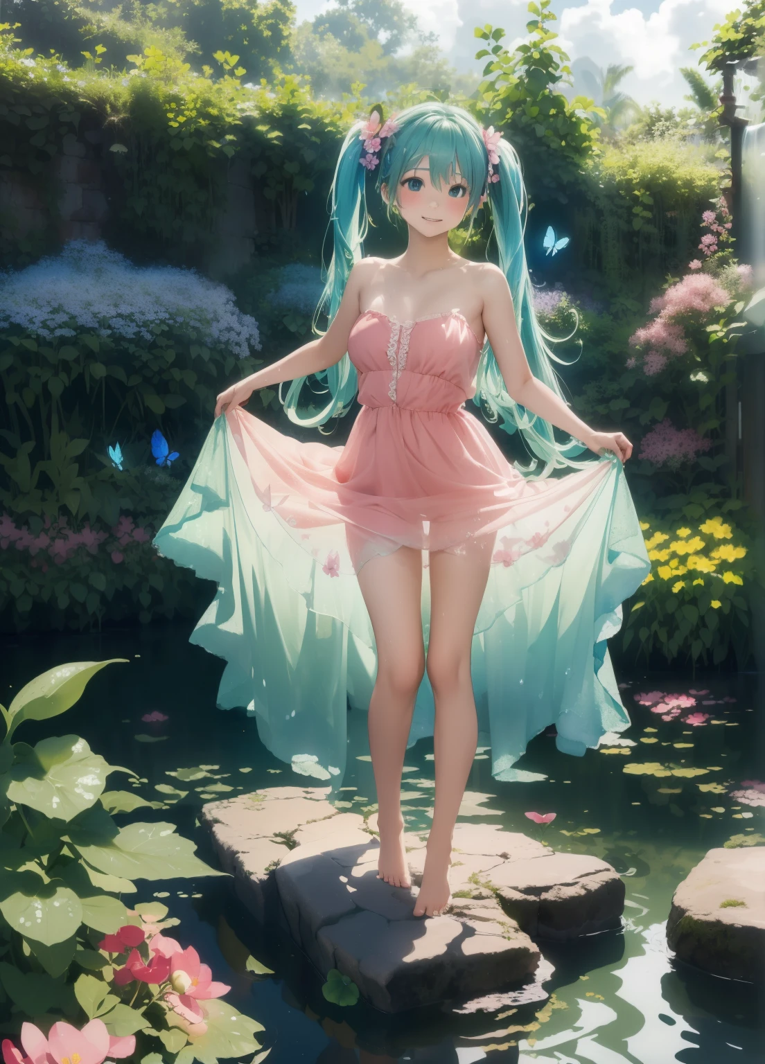 (masterpiece、Highest quality、Highest quality、Official Art、Beautiful and beautiful:1.2)、(One girl:1.3)Hatsune Miku、Twin tails,Beautiful breasts,masterpiece, Highest quality, Absurd, figure, watercolor,One girl,Girl with butterfly wings, in water, alone, Long Hair, dress, Skirt Hold, panties, No sleeve, barefoot, Bare shoulders, Are standing, Outdoor, cloud, null, water, water splashes, rainbow,(tight dress:0.5),(green, red, pink, Flower Room) ((rainbow色ホログラフィック衣類:1.3))
