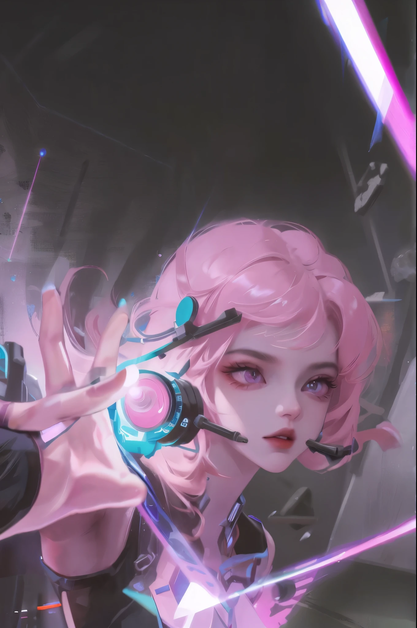 Cyberpunk, Pink Hair, Futurism, Surreal, Ultra wide angle, Wide-angle lens, look up, Dynamic Movement, Expressive, Full of energy, The Sacred Edge, Laser holographic images
