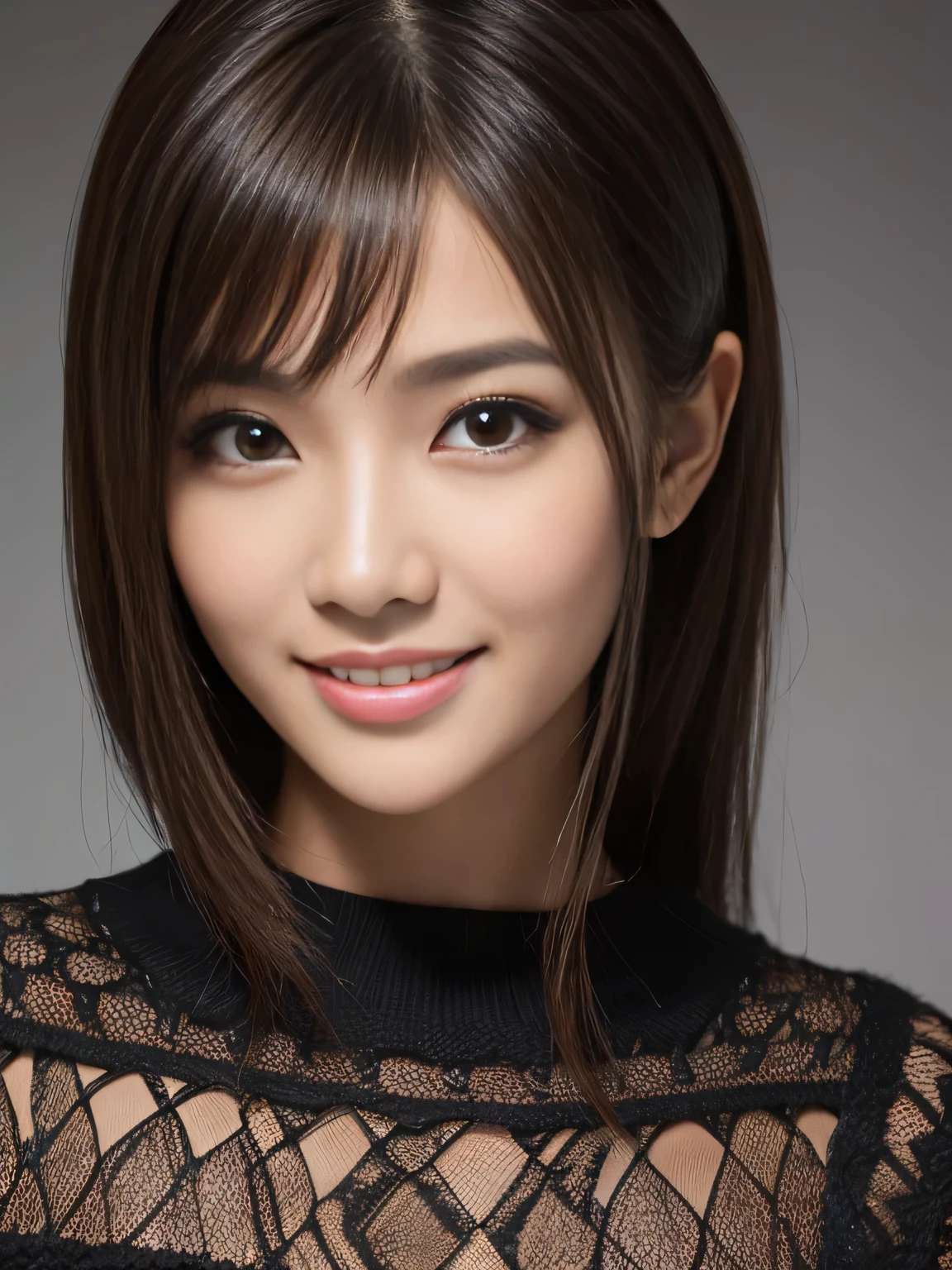 masterpiece, best quality, ultra-detailed, intricately detailed hyperdetailed, realistic, sharp features, highly detailed, sharp focus, Japanese idol, perfect face, perfect symmetrically perfect eyes, perfect full lips, flexible female form, cinematic, film light, hyper detailed, hyper realistic, high resolution, vibrant, dynamic studio lighting, Dark background, medium hair, straight Bangs, brown Eyes, Black sweater, Portraiture, (Mischievous smile),