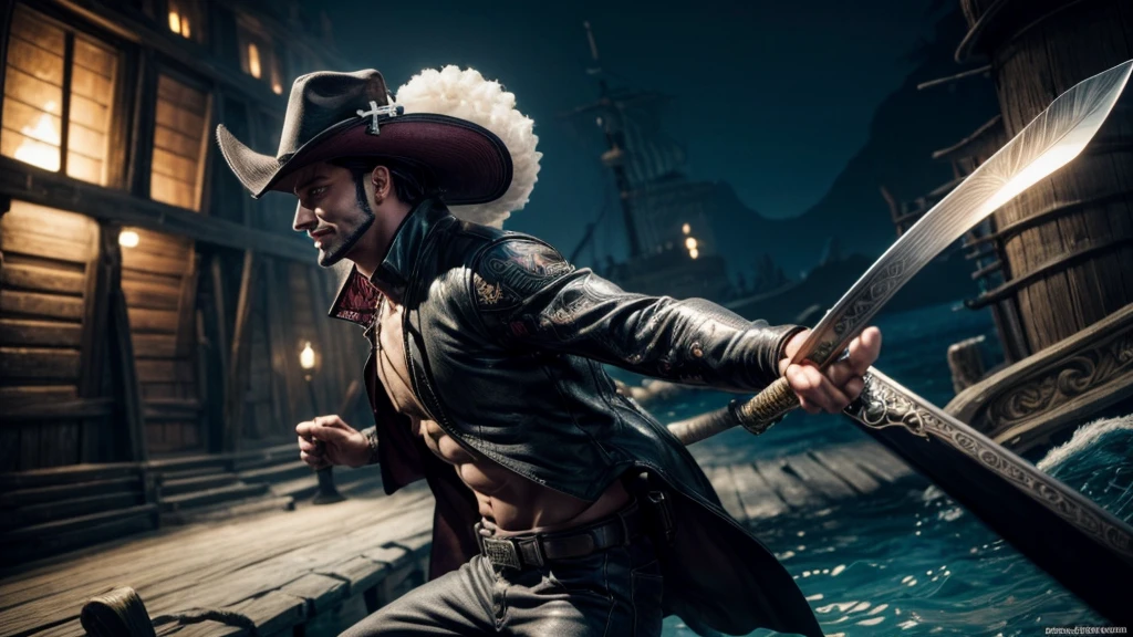 masterpiece, best quality, extremely detailed, hyperrealistic, photorealistic, a cool 40s man, ultra detailed face:1.2, black hat with feathers, from distance:1.2, pirate island, holding long sword, dynamic pose dynamic angle, sly smile