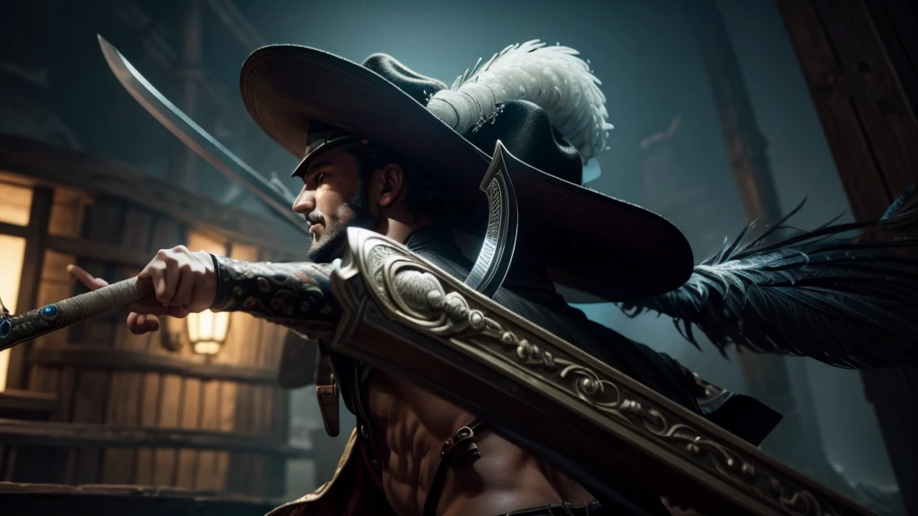 masterpiece, best quality, extremely detailed, hyperrealistic, photorealistic, a cool 40s man, ultra detailed face:1.2, black hat with feathers, from distance:1.2, pirate island, holding long sword, dynamic pose dynamic angle, sly smile