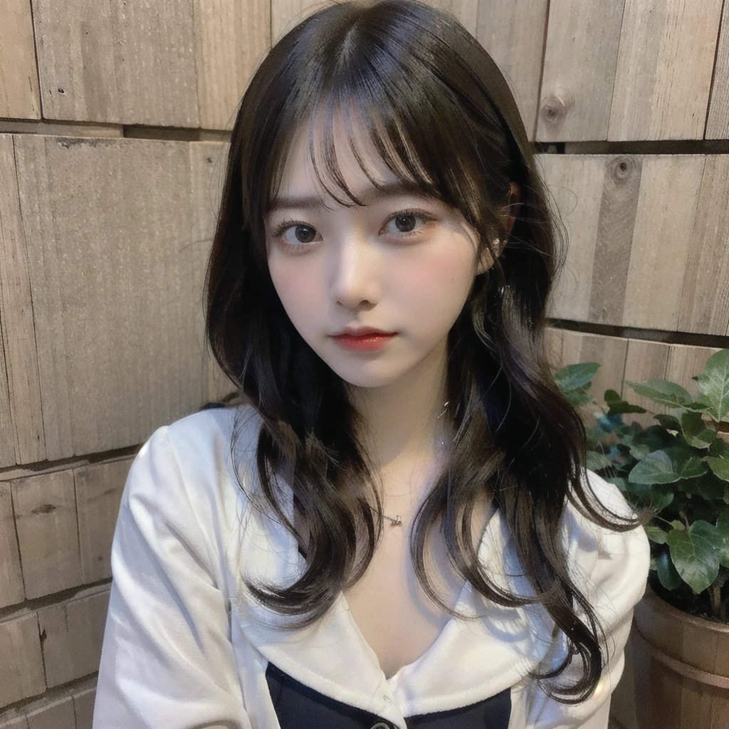 Portrait of a young East Asian girl in a navy blue and white sailor-style . She has long black hair styled in two braids, with straight bangs across her forehead. The girl has large, dark eyes and a small, delicate nose. Her expression is neutral, looking directly at the camera. The background shows a dark blue wooden wall with some green ivy or vine leaves visible to the side. The lighting is soft and natural, creating a slightly moody atmosphere. High-resolution image with sharp focus on the face