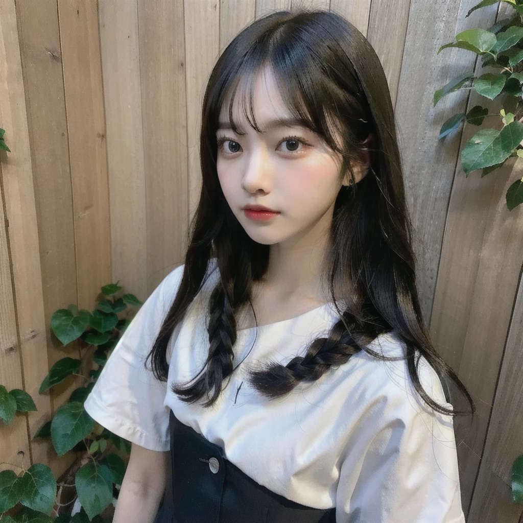 Portrait of a young East Asian girl in a navy blue and white sailor-style . She has long black hair styled in two braids, with straight bangs across her forehead. The girl has large, dark eyes and a small, delicate nose. Her expression is neutral, looking directly at the camera. The background shows a dark blue wooden wall with some green ivy or vine leaves visible to the side. The lighting is soft and natural, creating a slightly moody atmosphere. High-resolution image with sharp focus on the face