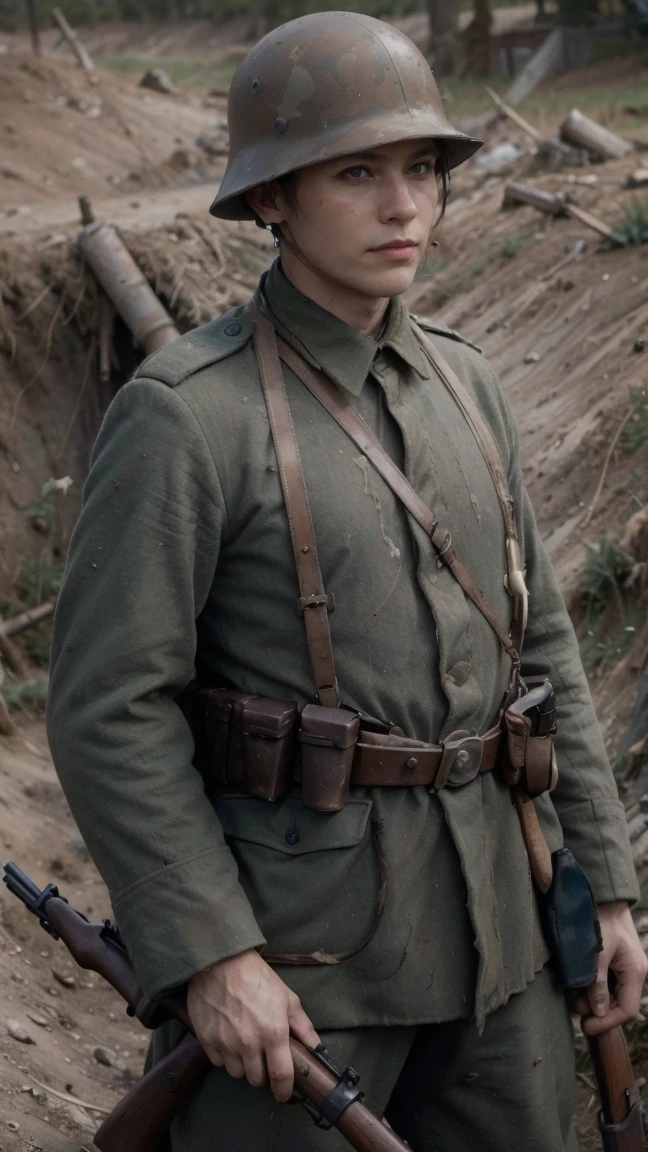 (masterpiece), best quality, expressive eyes, perfect face, All quiet on western Front, man, trenches, dirty, uniform, realistic, HD, Rifle, aiming rifle, somme, ww1, german