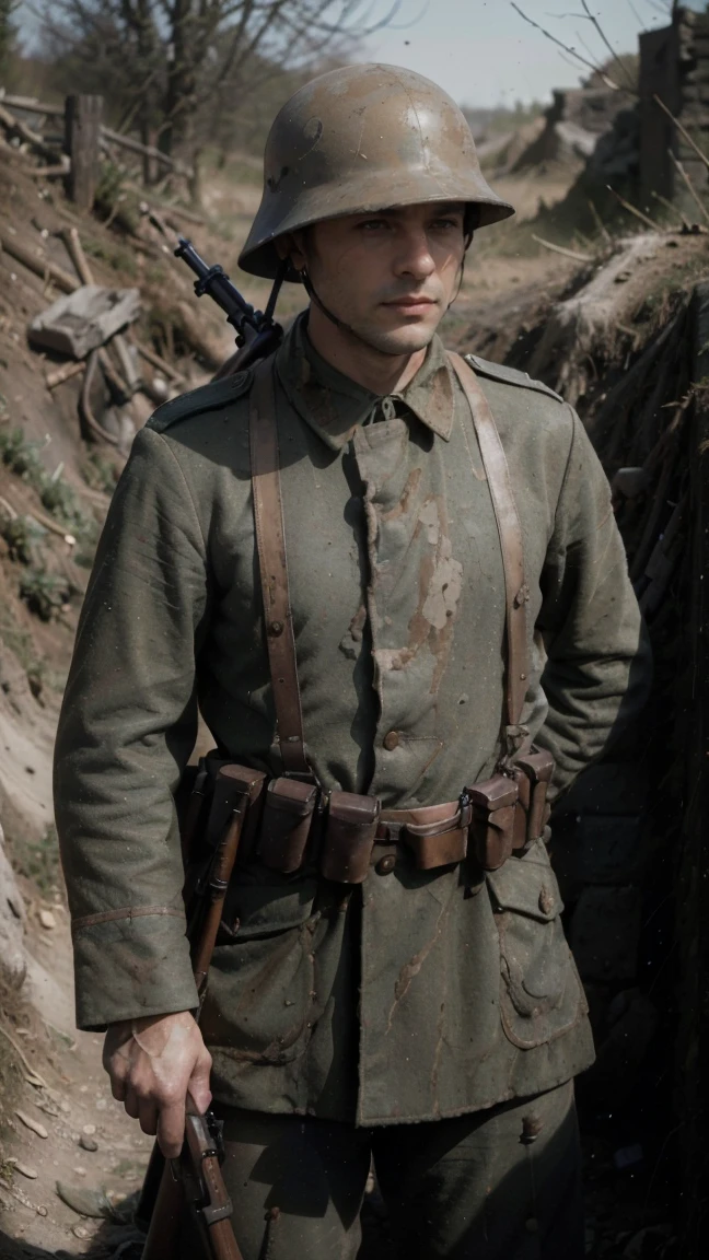 (masterpiece), best quality, expressive eyes, perfect face, All quiet on western Front, man, trenches, dirty, uniform, realistic, HD, Rifle, aiming rifle, somme, ww1, german