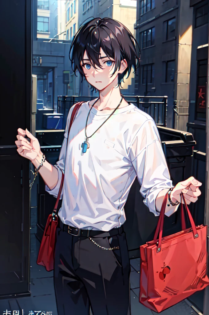 1boy, apple, bag, bangs, berry, black hair, black shirt, blue eyes, hair between eyes, jewelry, leaf, looking at viewer, male focus, necklace, pants, shirt, solo, watch, white pants, wristwatch, messy hair, trending on artstation, 8k resolution, highly detailed, anatomically correct, sharp image, digital painting, concept art, trending on pixiv, style of makoto shinkai,