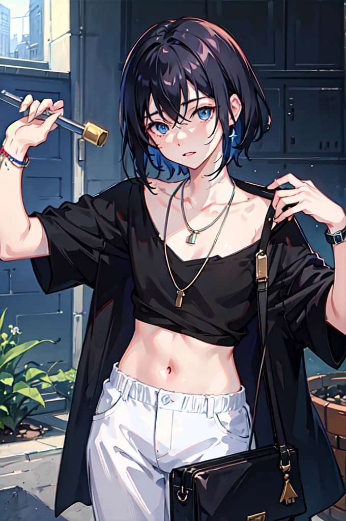 1boy, apple, bag, bangs, berry, black hair, black shirt, blue eyes, hair between eyes, jewelry, leaf, looking at viewer, male focus, necklace, pants, shirt, solo, watch, white pants, wristwatch, messy hair, trending on artstation, 8k resolution, highly detailed, anatomically correct, sharp image, digital painting, concept art, trending on pixiv, style of makoto shinkai,