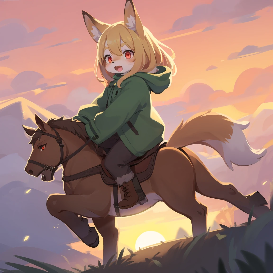 the fox, , was hairy, shaggy, skin fur, smooth lashes, golden fur, forelimb hands, straight long blonde hair, solid circle eyes, golden ears, golden fur, golden facial fur, shiny hair, red eyes, super cute face, 1fox tail, fluffy tail, furry tail, glowing eyes, green coat green hood down, brown trousers, riding pony, open mouth, embarrassed, ambient light, ultra-fine fur, dashed eyes, full body, masterpiece, high quality, high-details, best quality, wide short, (((solo))), twilight, sun light, red sky, rim light