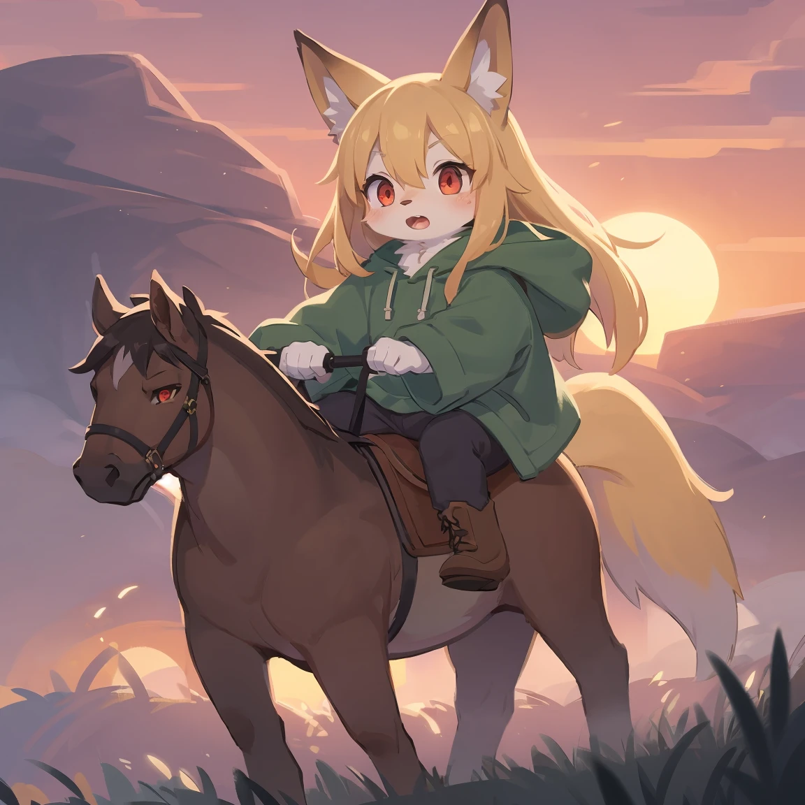 the fox, , was hairy, shaggy, skin fur, smooth lashes, golden fur, forelimb hands, straight long blonde hair, solid circle eyes, golden ears, golden fur, golden facial fur, shiny hair, red eyes, super cute face, 1fox tail, fluffy tail, furry tail, glowing eyes, green coat green hood down, brown trousers, riding pony, open mouth, embarrassed, ambient light, ultra-fine fur, dashed eyes, full body, masterpiece, high quality, high-details, best quality, wide short, (((solo))), twilight, sun light, red sky, rim light