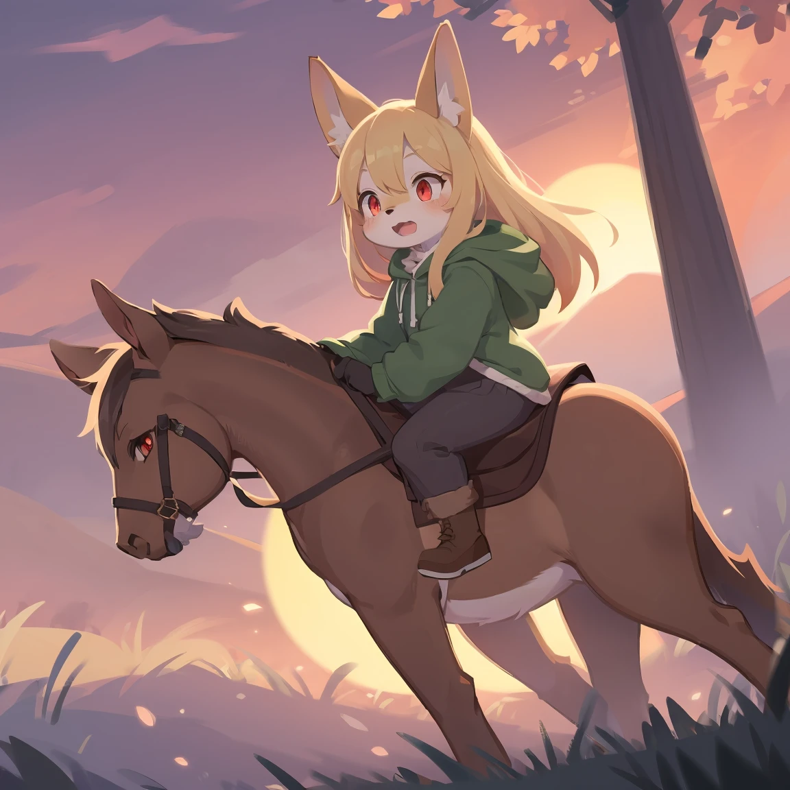 the fox, , was hairy, shaggy, skin fur, smooth lashes, golden fur, forelimb hands, straight long blonde hair, solid circle eyes, golden ears, golden fur, golden facial fur, shiny hair, red eyes, super cute face, 1fox tail, fluffy tail, furry tail, glowing eyes, green coat green hood down, brown trousers, riding pony, open mouth, embarrassed, ambient light, ultra-fine fur, dashed eyes, full body, masterpiece, high quality, high-details, best quality, wide short, (((solo))), twilight, sun light, red sky, rim light