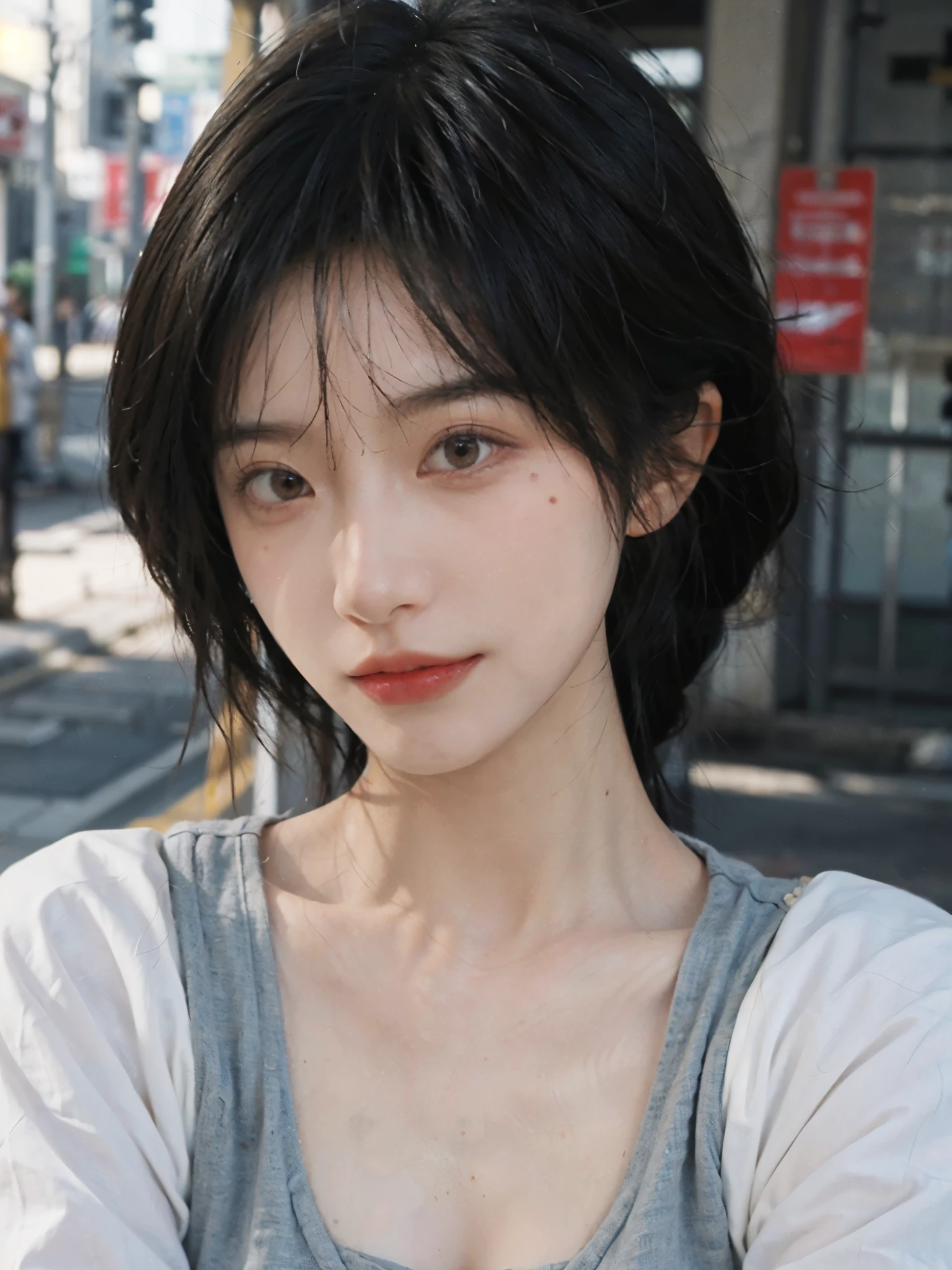 (smooth skin textures:1.3), Lipstick, Upper body,Upper Body,background, earrings, serene, calm, (Dress conservatively:1.6),(Realistic and detailed eyes:1.2), Natural skin texture, Realistic facial details, Soft dramatic lighting, Vivid details, outdoor, (Photo Practical:1.4), (hyper Practical:1.4), (Practical:1.3), (Improve lighting quality:0.9), (Highest quality real skin textures:1.4), (Enhance the beauty of skin texture:1.1), Hair details, model, short hair, Moles under the eyes, Portrait Photography, Depth of Field, Bokeh, Surrealism, Ray Tracing, (Portrait Photography:1.1), Surrealism, High Detail, Chiaroscuro, Ray Tracing, reflected light, Ultra HD, Ultra HD, masterpiece, Textured Skin, Super Detail, High Detail, high quality, best quality