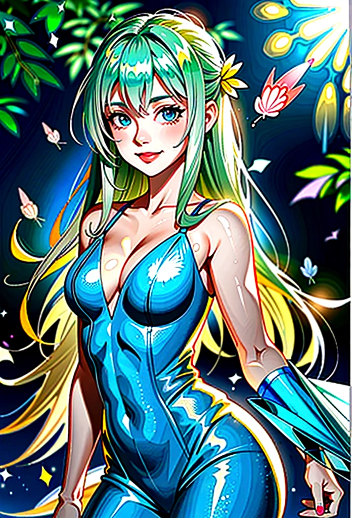 (best qualityer, artwork 1) 1 fairy girl, long and disheveled hair, smile cute, Glossy clothing, flying in a forest (Depth of field:1.3), light light colors (clear photo:1.3)