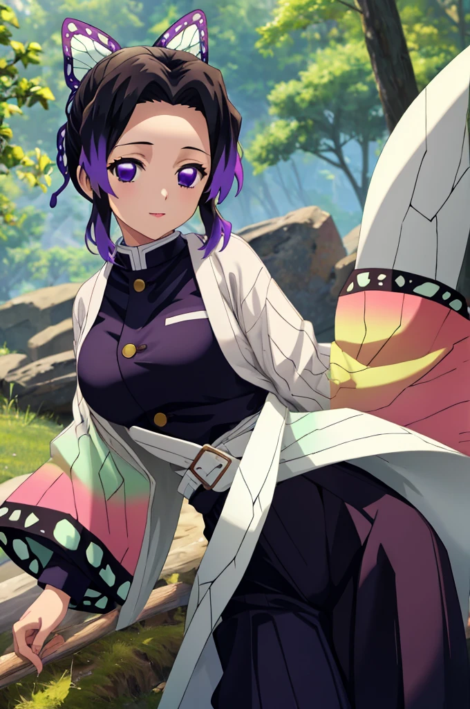 (masterpiece:1.2), (best quality:1.2), (8k, ultra detailed, ultra high res:1.2), anime style, perfect 5 fingers, perfect anatomy, 
1girl,
Shinobu Kochou, 
BREAK long hair, 
black hair, hair intakes, gradient hair, 
purple eyes, bow in hair,
(large breasts:0.9),  
BREAK black shirt, black tethered pants, white haori, looking at viewer, 
BREAK cowboy shot, outdoors, forest, butterfly, dynamic pose, 
