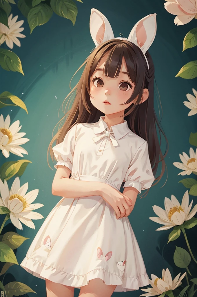 Young girls with long rabbit ears、Little Bunny Girl、White thin silk dress、Anime Style