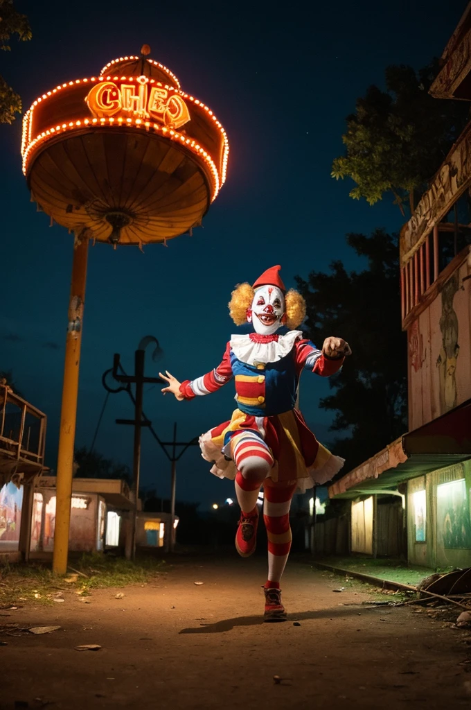 A really scary clown running and chasing you through an abandoned amusement park at night