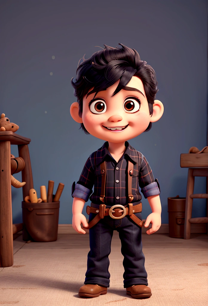 Cartoon character of an with only two teeth, His cowboy clothes are a black plaid shirt and blue jeans., on the belt a buckle and a brown boot